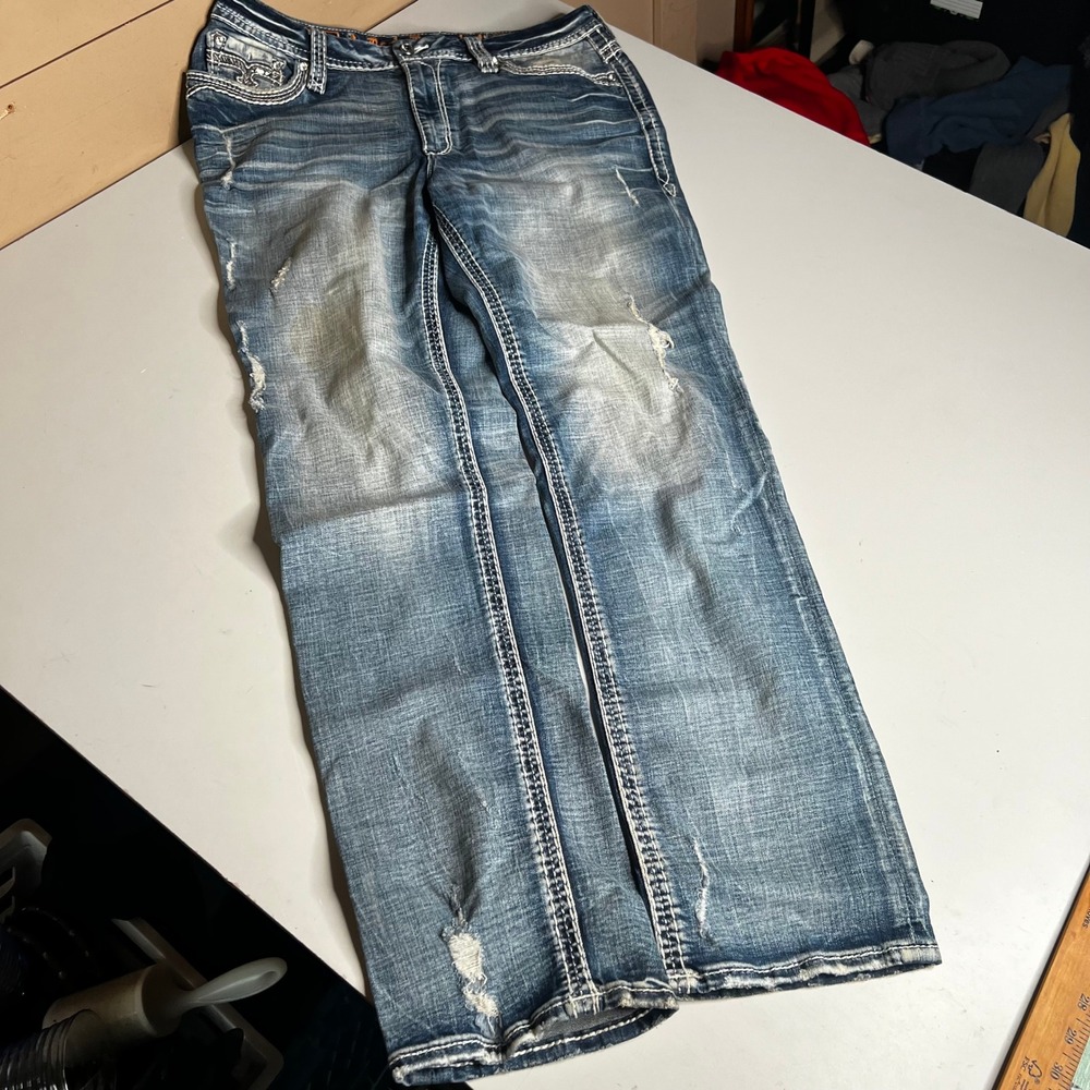 Rock Revival Vien Straight Leg Distressed Jeans Mens 34 Medium Wash Fleur De Lis